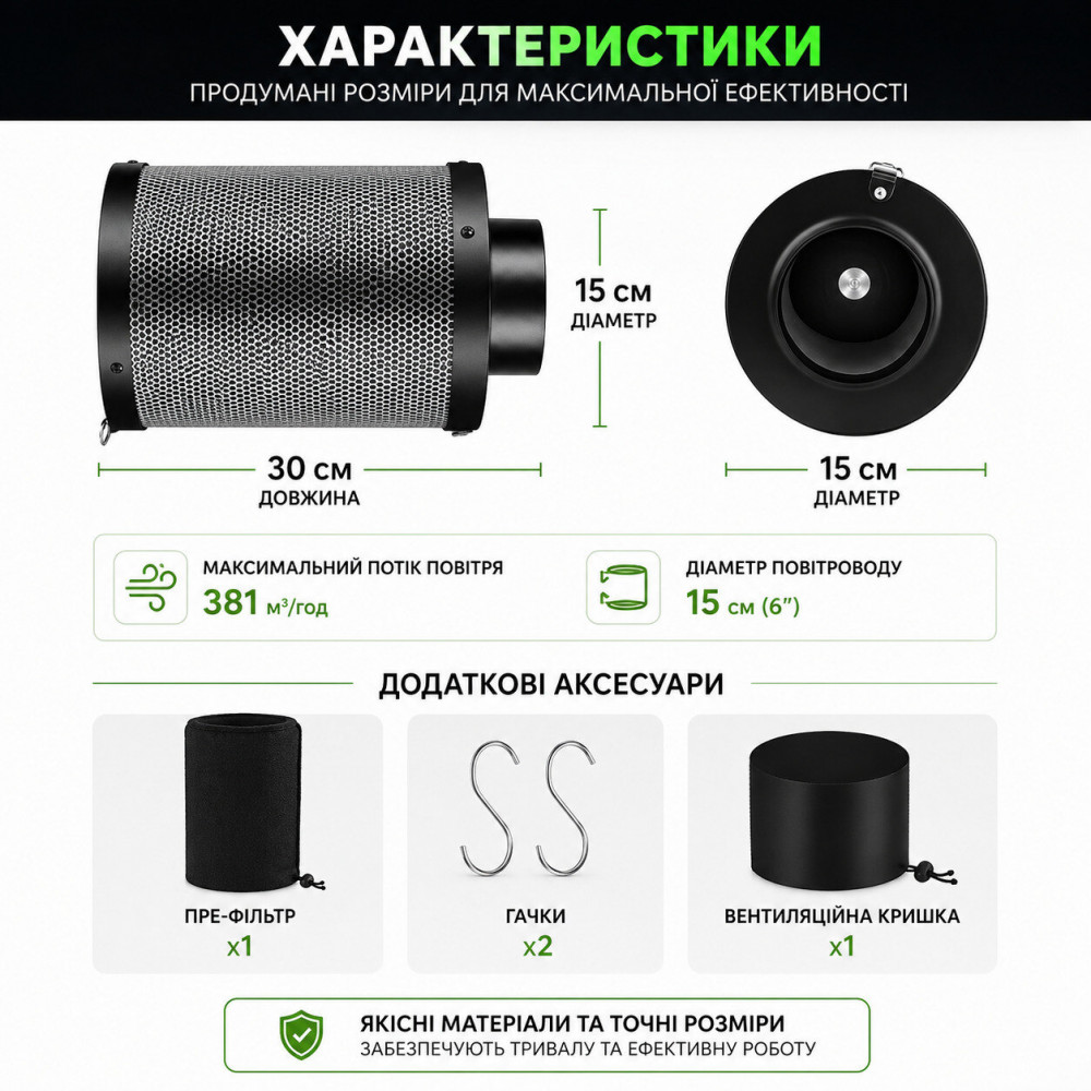 ВУГІЛЬНИЙ ФІЛЬТР ДЛЯ ОЧИЩЕННЯ ПОВІТРЯ 150 ММ З АКТИВОВАНИМ ВУГІЛЛЯМ